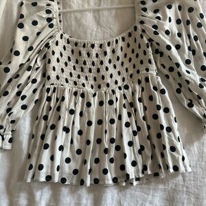 Faithfull the Brande Polka Dot Smocked Blouse - Black and White